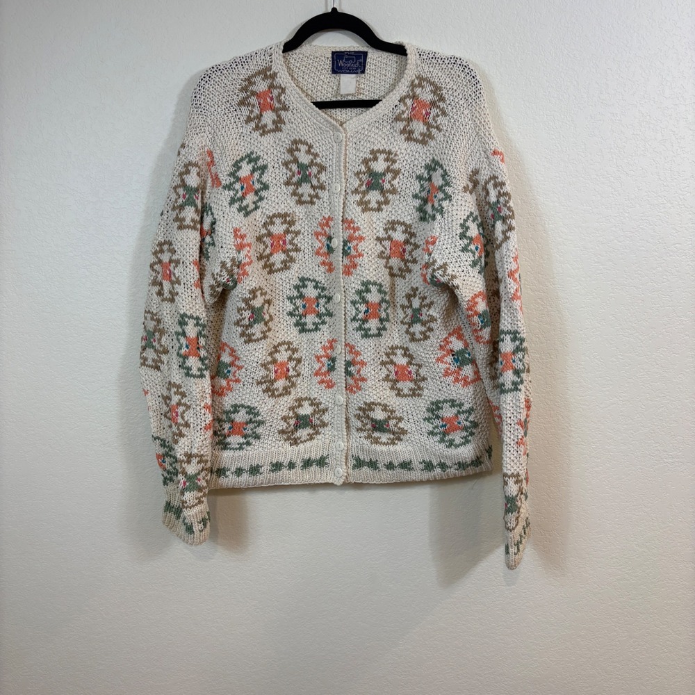 Woolrich Cardigan Women L Cream Vintage Oversized Southwestern Knit Sweater